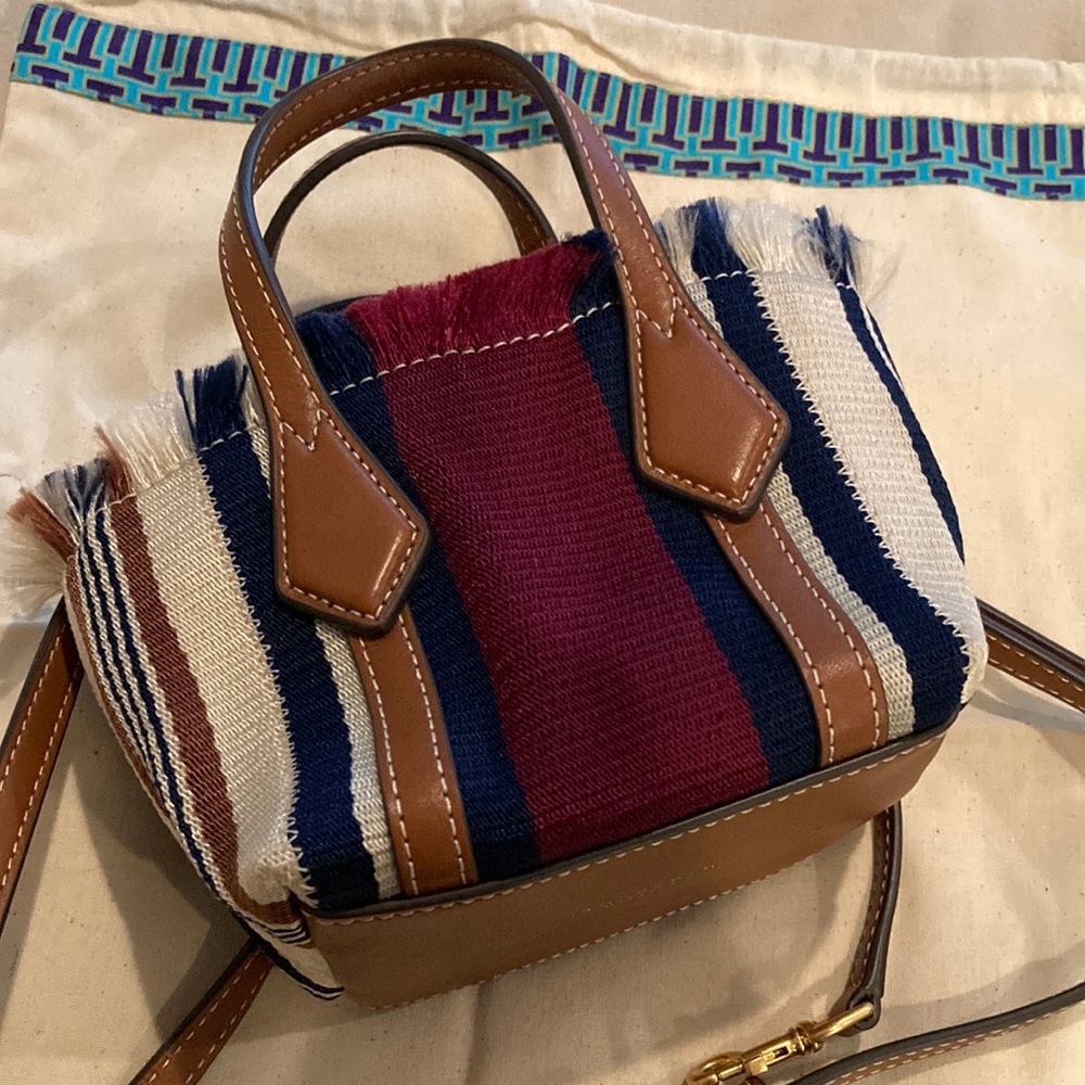 Tory Burch Perry Striped Canvas Nano Crossbody fray edge Classic Cuio/new ivory